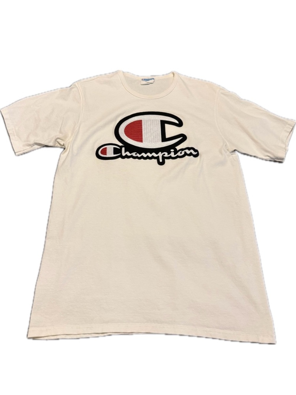 Champion Embroidered White Short Sleeve Tee with Logo T-Shirt 100% Cotton Size L